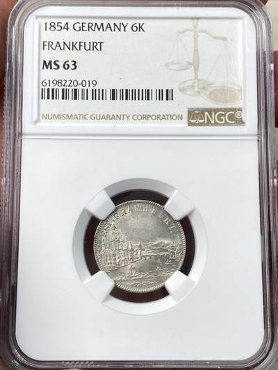 万国钱币拍卖第058期（万国新年大拍） - NGC MS63 1854年德国法兰克福6克洛泽城市景观银币 景观主题辅币 十字转光状态炸裂