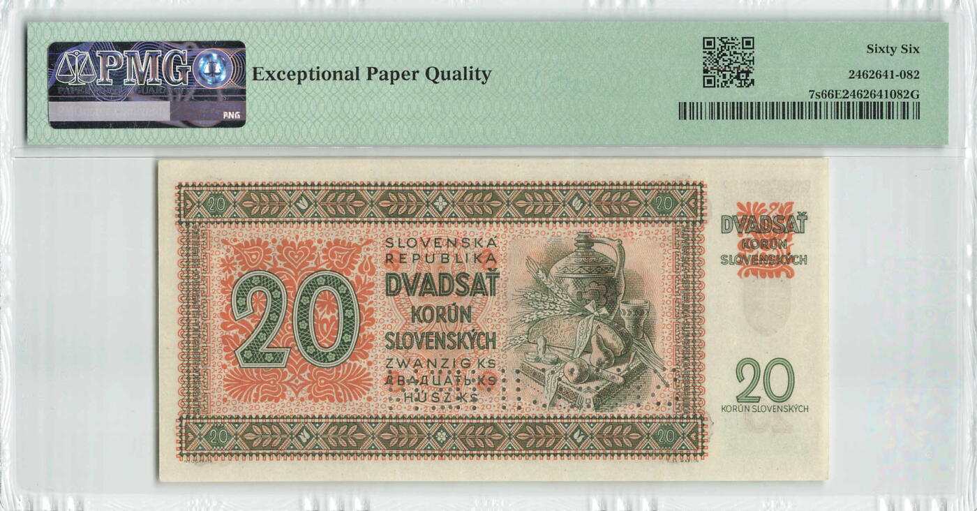 小福收藏拍卖第198期 评级币精选场  本期有菲律宾百位靓号100000比索超大纪念钞 苏里南25000盾花鸟版最高值 柬埔寨珍品56年50瑞尔 南越未发行版最高值打飞机  巴哈马彩背 老挝中国代印57年样钞 匈牙利 斯洛伐克 法罗群岛等多国精美高分珍稀老钞精品纸币 斯洛伐克 1942年 20克朗 样钞 少见 双尾 PMG66 EPQ 亚军分