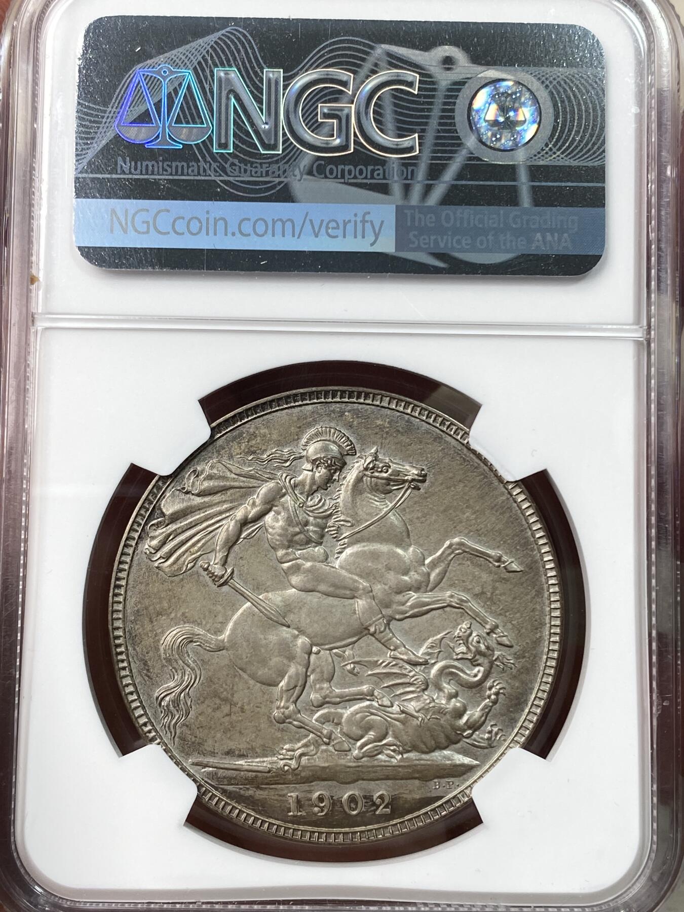 万国钱币拍卖第058期（万国新年大拍） NGC PF63 1902年英国爱德华七世马剑精制克朗 磨砂精制Matte工艺 原味酱彩素描质感