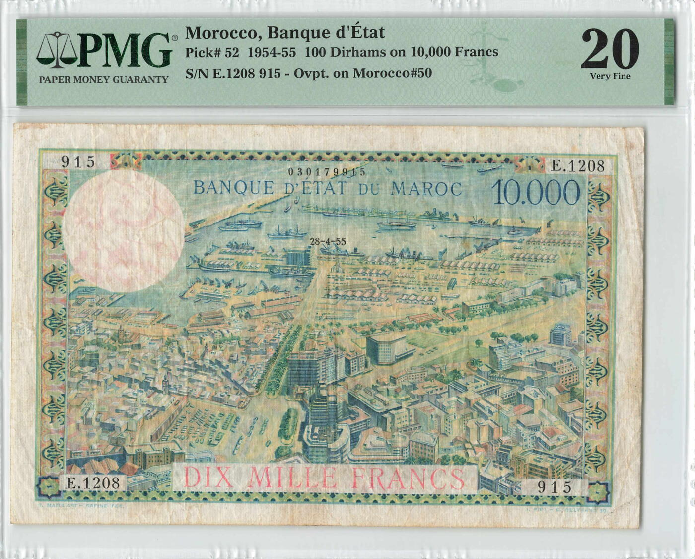 小福收藏拍卖第198期 评级币精选场  本期有菲律宾百位靓号100000比索超大纪念钞 苏里南25000盾花鸟版最高值 柬埔寨珍品56年50瑞尔 南越未发行版最高值打飞机  巴哈马彩背 老挝中国代印57年样钞 匈牙利 斯洛伐克 法罗群岛等多国精美高分珍稀老钞精品纸币 摩洛哥 1955年 10000法郎 卡萨布兰卡 PMG20