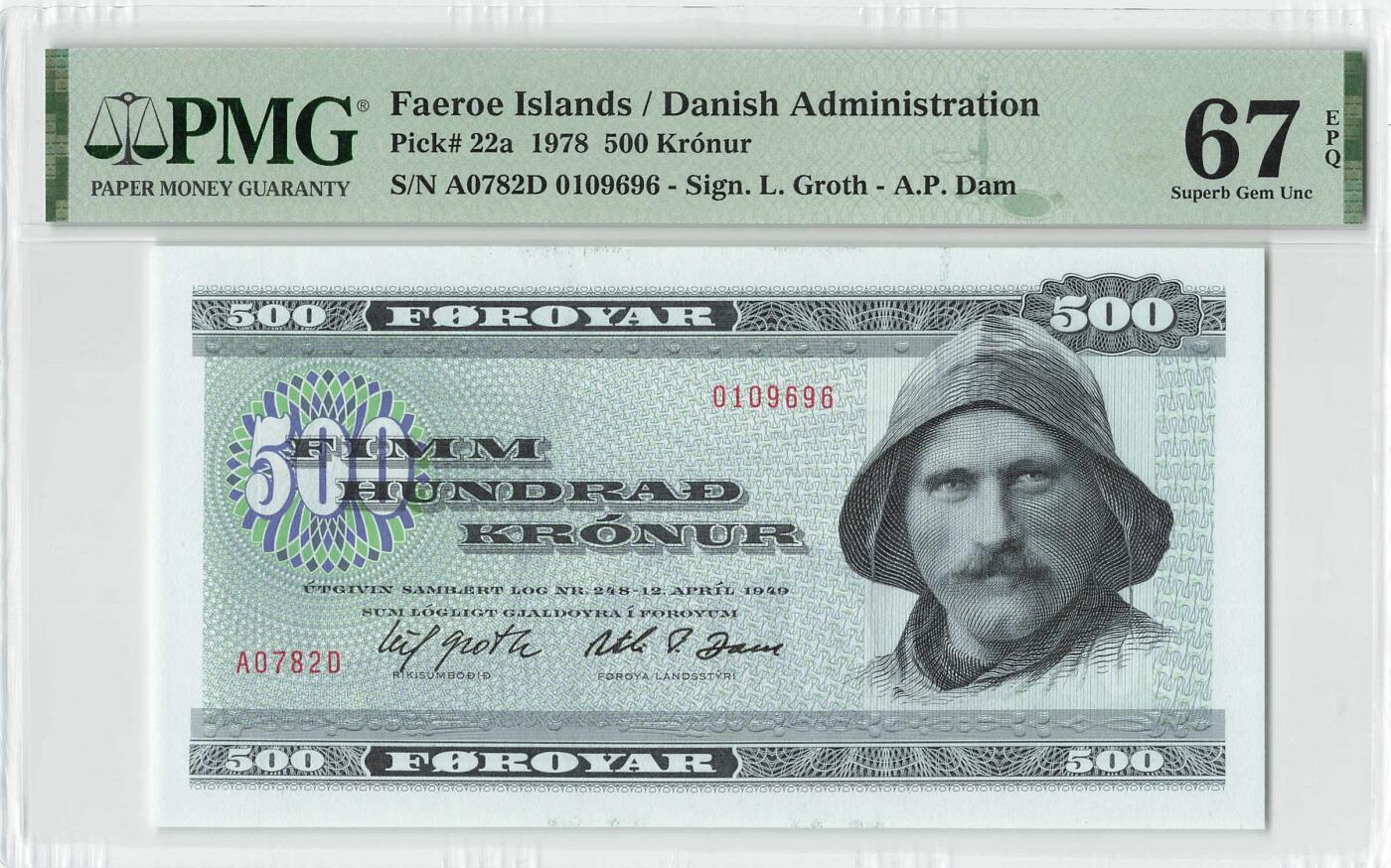小福收藏拍卖第198期 评级币精选场  本期有菲律宾百位靓号100000比索超大纪念钞 苏里南25000盾花鸟版最高值 柬埔寨珍品56年50瑞尔 南越未发行版最高值打飞机  巴哈马彩背 老挝中国代印57年样钞 匈牙利 斯洛伐克 法罗群岛等多国精美高分珍稀老钞精品纸币 法罗群岛 1978年 500克朗 首发年 A0冠 倒置号0109696 PMG67 EPQ 亚军分