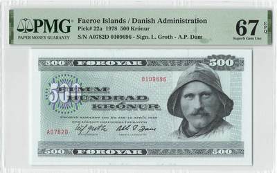 小福收藏拍卖第198期 评级币精选场  本期有菲律宾百位靓号100000比索超大纪念钞 苏里南25000盾花鸟版最高值 柬埔寨珍品56年50瑞尔 南越未发行版最高值打飞机  巴哈马彩背 老挝中国代印57年样钞 匈牙利 斯洛伐克 法罗群岛等多国精美高分珍稀老钞精品纸币 - 法罗群岛 1978年 500克朗 首发年 A0冠 倒置号0109696 PMG67 EPQ 亚军分