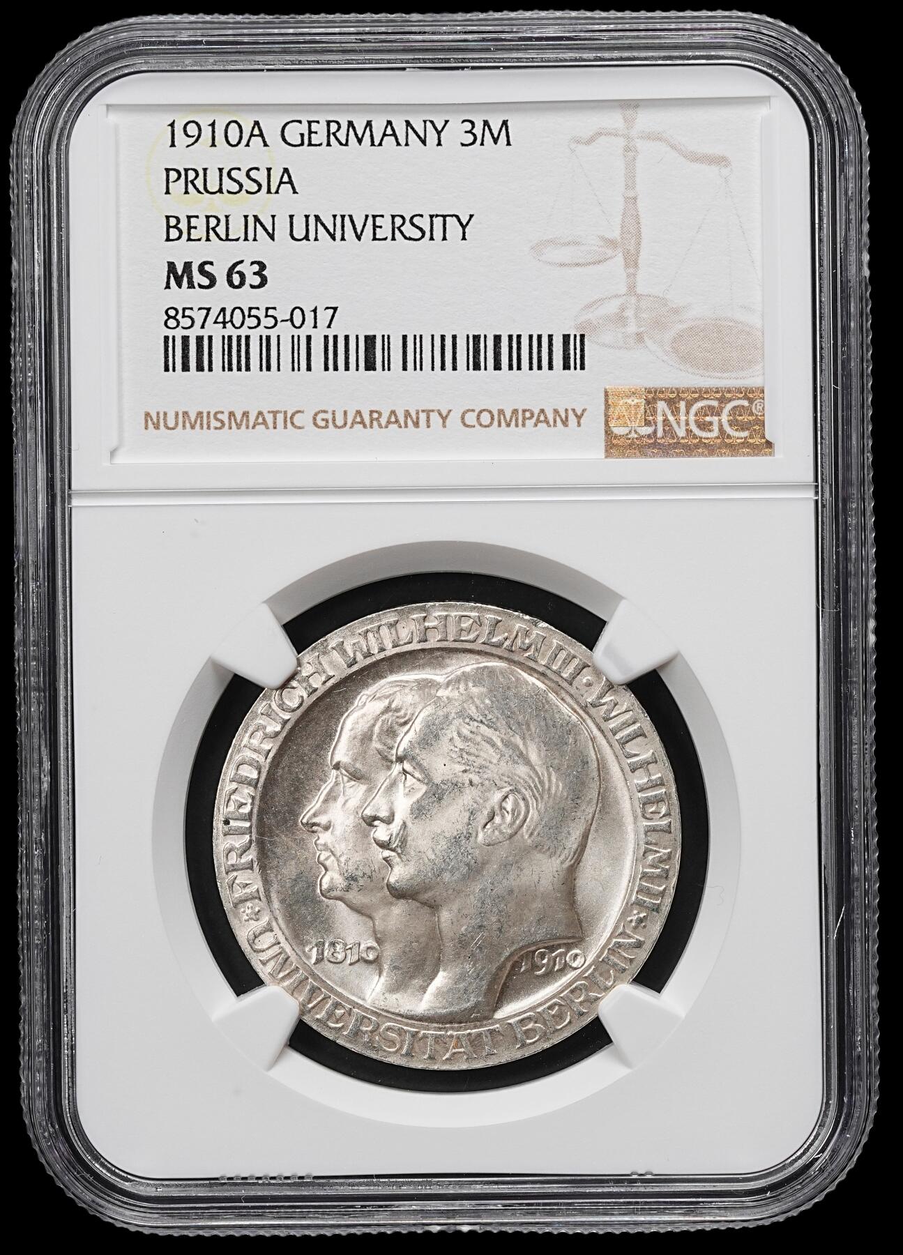 修遠堂世界钱币第九十九期 NGC MS63 1910年普鲁士-柏林大学百年纪念3马克银币