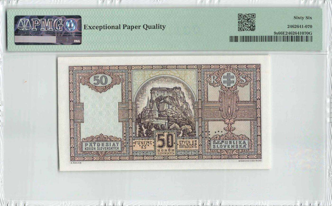 小福收藏拍卖第198期 评级币精选场  本期有菲律宾百位靓号100000比索超大纪念钞 苏里南25000盾花鸟版最高值 柬埔寨珍品56年50瑞尔 南越未发行版最高值打飞机  巴哈马彩背 老挝中国代印57年样钞 匈牙利 斯洛伐克 法罗群岛等多国精美高分珍稀老钞精品纸币 斯洛伐克 1940年 50克朗 样钞 少见 PMG66 EPQ 季军分（冠亚军分各1枚）