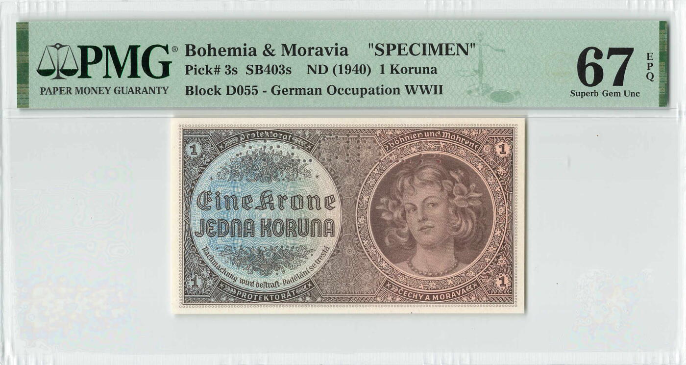 小福收藏拍卖第200期 【庆典场 中拍就有好礼相赠】评级币精选场 本期有捷克斯洛伐克20年100克朗慕夏作品大珍 69分倒置百位号布隆迪世界最大纸币  35年版加拿大经典 苏格兰格拉斯哥大学500年纪念钞倒置小号 卡塔尔80年100里亚尔冠军分 美国教育券 意大利拉斐尔 乌克兰 库克群岛 墨西哥 南斯拉夫 亚美尼亚等多国精美高分珍稀老钞精品纸币 波西米亚和摩拉维亚 1940年 1克朗 样钞 PMG67 EPQ 冠军分！！！