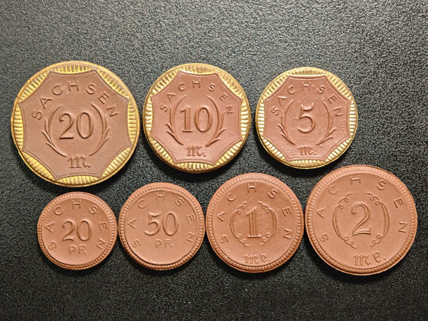 【德藏】世界币章拍卖第159期(元旦专场拍卖) 1921年 德国德紧萨克森陶瓷币一套7枚 原盒 (面值为：20、50芬尼；1、2、5、10、20马克)