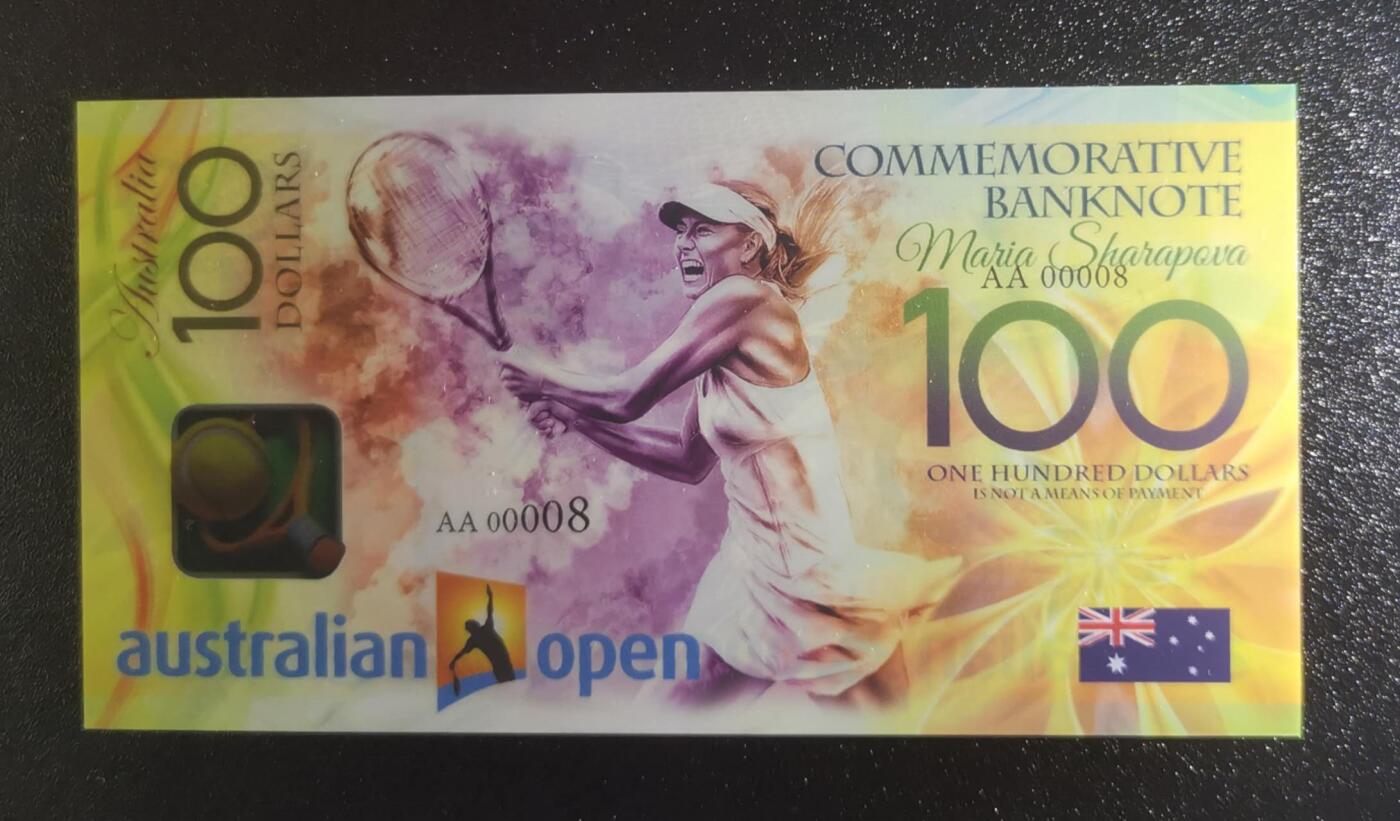 《艾美收藏》第226期-12.28周日外币精品场-蛇年收官 莎拉波娃2023年澳网纪念钞AA冠100元UNC超靓00008号 左下角极轻微压痕