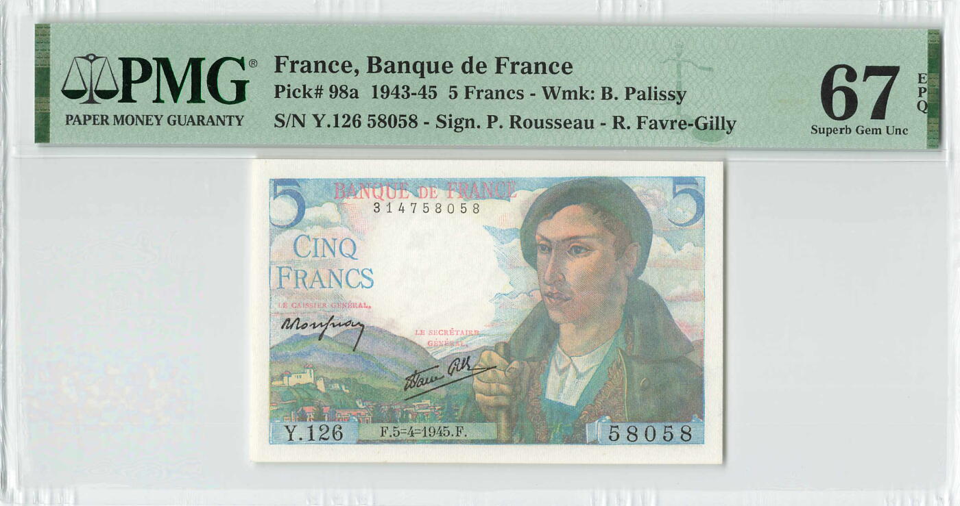 小福收藏拍卖第198期 评级币精选场  本期有菲律宾百位靓号100000比索超大纪念钞 苏里南25000盾花鸟版最高值 柬埔寨珍品56年50瑞尔 南越未发行版最高值打飞机  巴哈马彩背 老挝中国代印57年样钞 匈牙利 斯洛伐克 法罗群岛等多国精美高分珍稀老钞精品纸币 法国 1945年 5法郎 58058靓号 PMG67 EPQ 亚军分