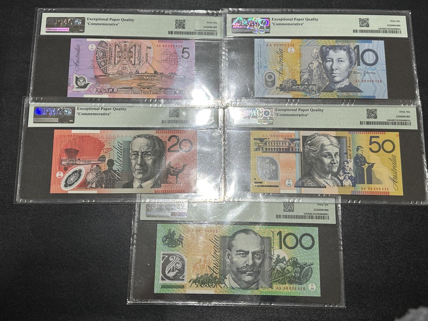 《外钞收藏家》第五百九十七期（年底收官场）（本平台长期征集拍品、欢迎藏友们联系合作） 1998年澳大利亚5-100元 全同号426号 全部PMG66 纪念钞版