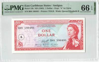 小福收藏拍卖第200期 【庆典场 中拍就有好礼相赠】评级币精选场 本期有捷克斯洛伐克20年100克朗慕夏作品大珍 69分倒置百位号布隆迪世界最大纸币  35年版加拿大经典 苏格兰格拉斯哥大学500年纪念钞倒置小号 卡塔尔80年100里亚尔冠军分 美国教育券 意大利拉斐尔 乌克兰 库克群岛 墨西哥 南斯拉夫 亚美尼亚等多国精美高分珍稀老钞精品纸币 - 东加勒比 (A）安提瓜 1965年 1元 PMG66 EPQ 季军分