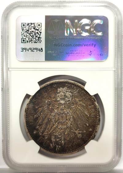 博洋堂世界钱币拍卖第154期（全场包邮） NGC XF 德国符腾堡1904年威廉二世 5马克银币，绚丽五彩包浆