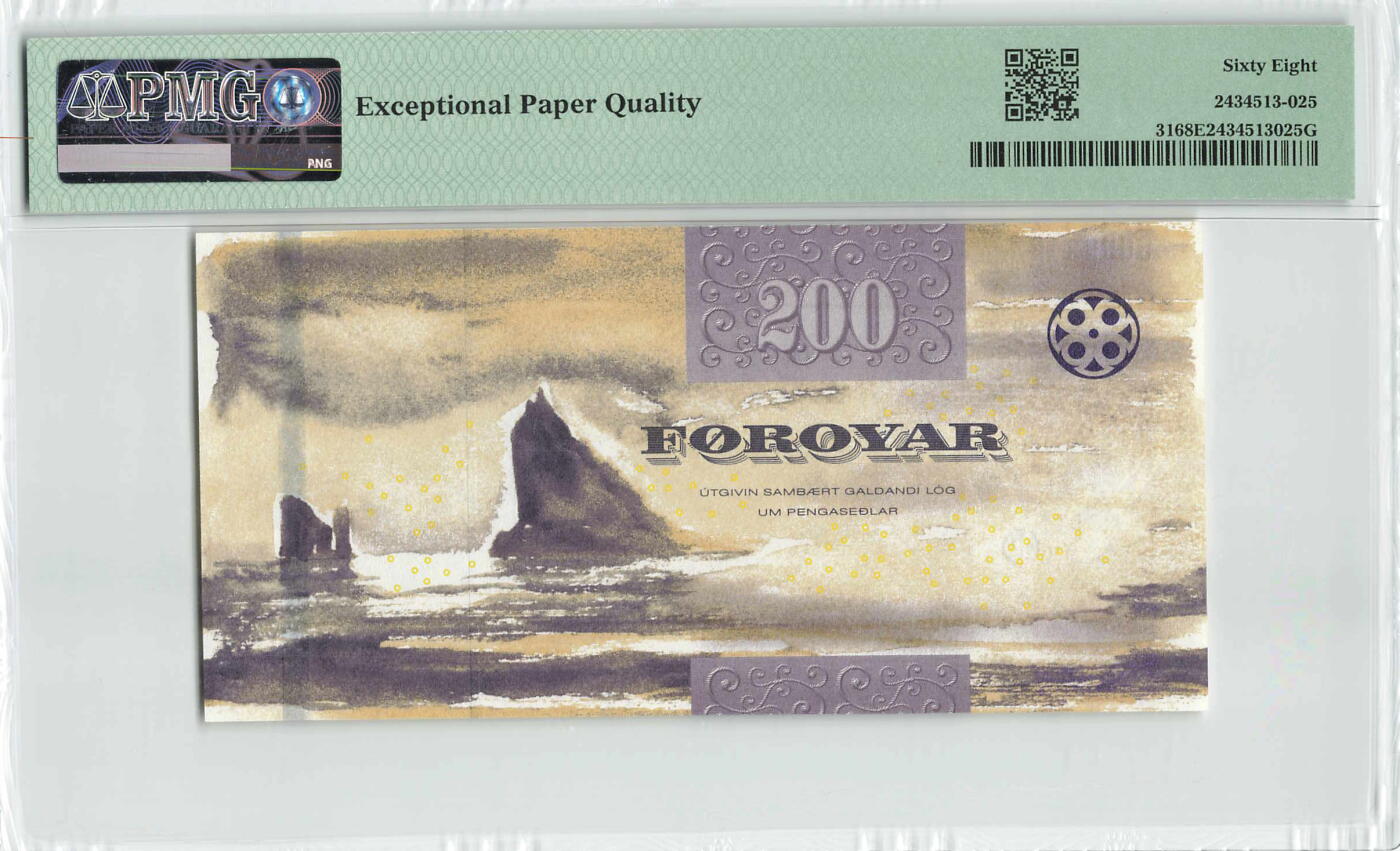 小福收藏拍卖第198期 评级币精选场  本期有菲律宾百位靓号100000比索超大纪念钞 苏里南25000盾花鸟版最高值 柬埔寨珍品56年50瑞尔 南越未发行版最高值打飞机  巴哈马彩背 老挝中国代印57年样钞 匈牙利 斯洛伐克 法罗群岛等多国精美高分珍稀老钞精品纸币 法罗群岛 2011年 200克朗 无47 PMG68 EPQ 季军分