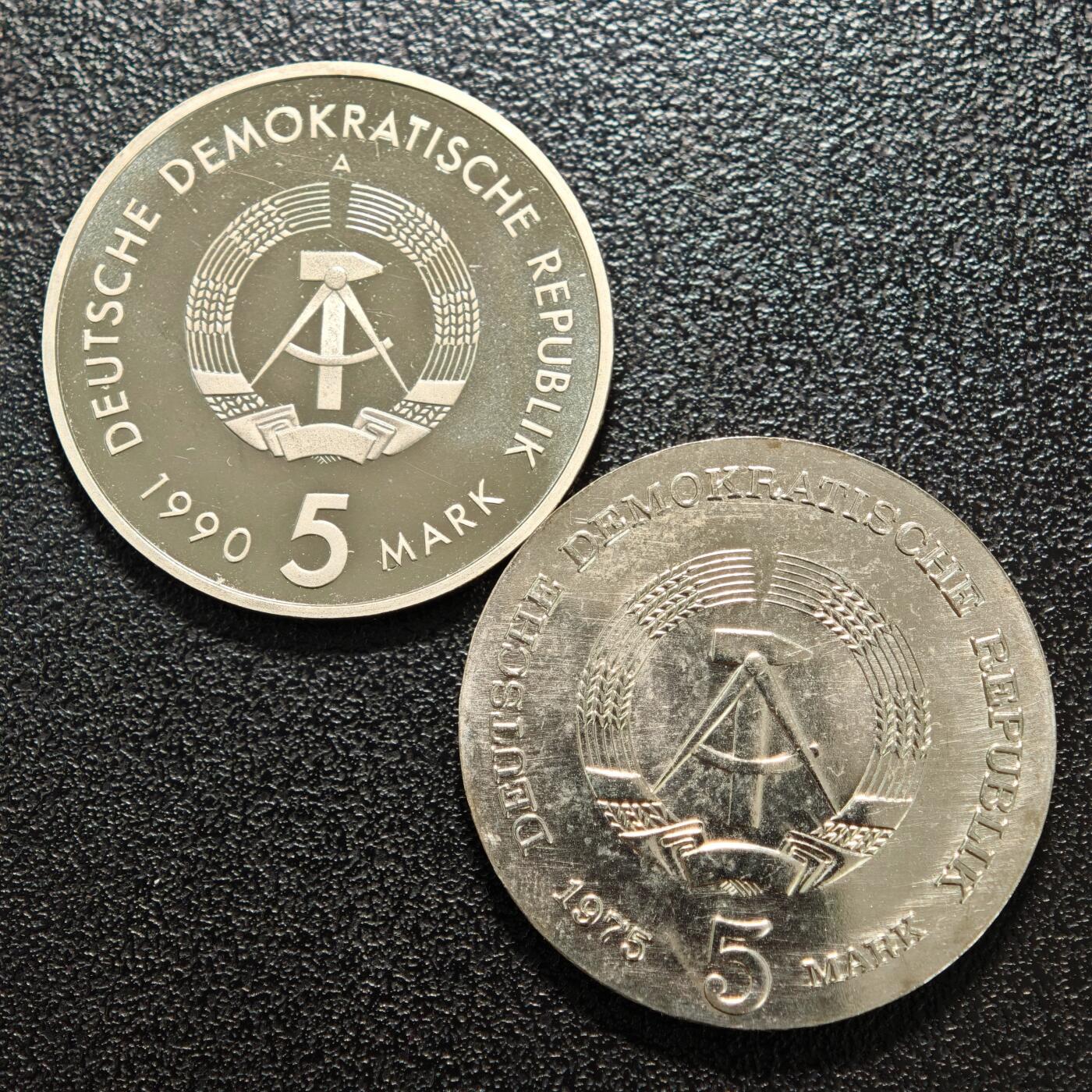 【德藏】世界币章拍卖第159期(元旦专场拍卖) 2枚一组 1990年 东德邮政500周年5马克纪念镍币 1975年 东德小说家托马斯·曼诞辰百年5马克纪念镍币 品相极佳