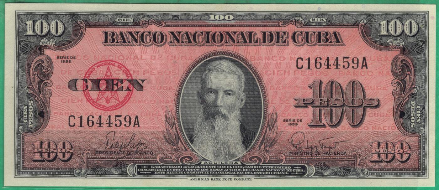 古巴1959年100比索 P-93a 美钞公司印 实物图 UNC