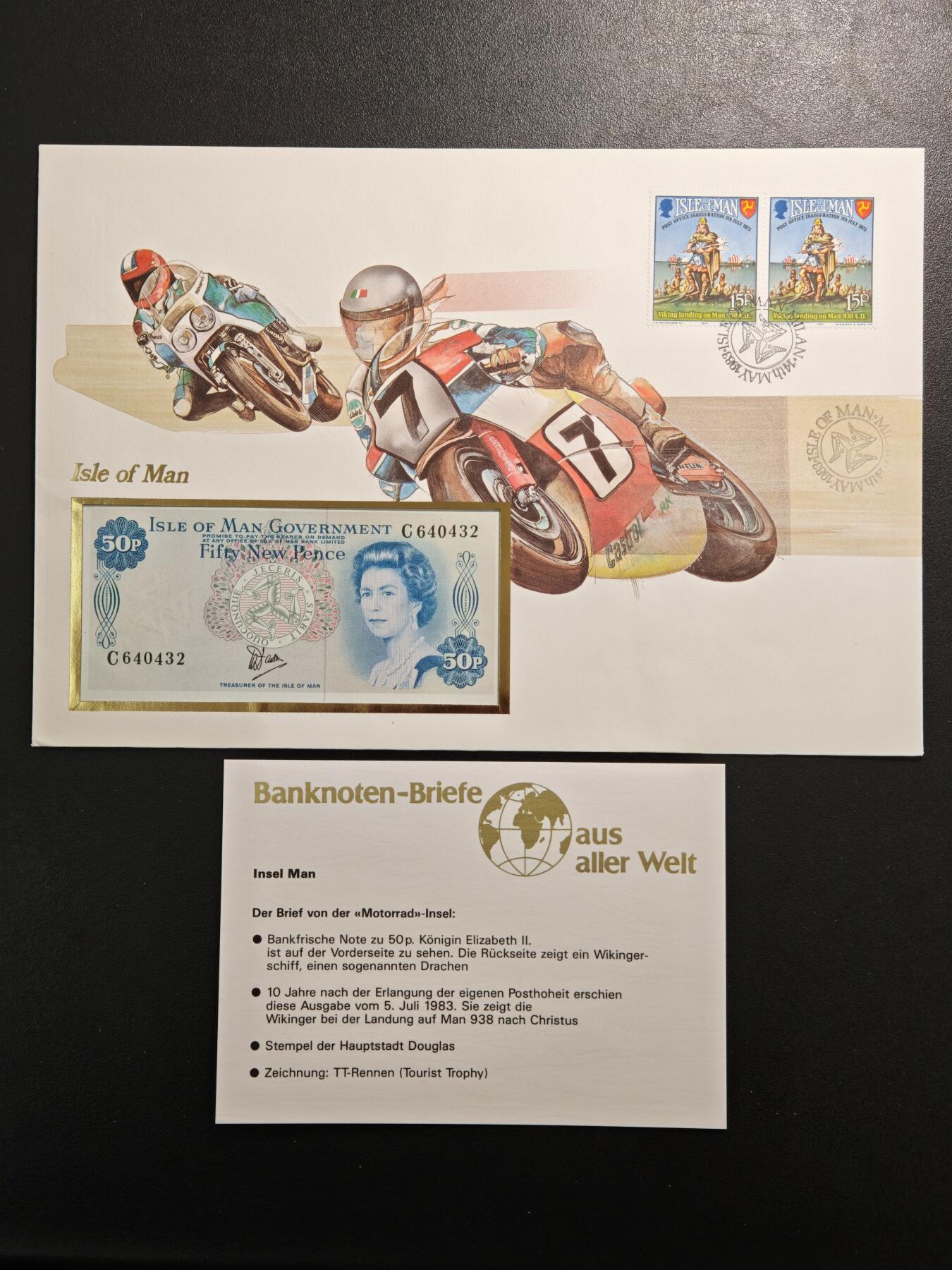 【德藏】世界币章拍卖第159期(元旦专场拍卖) 1983年 马恩岛“TT摩托车赛”主题纸币邮票纪念封 带藏品说明卡