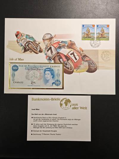 【德藏】世界币章拍卖第159期(元旦专场拍卖) - 1983年 马恩岛“TT摩托车赛”主题纸币邮票纪念封 带藏品说明卡