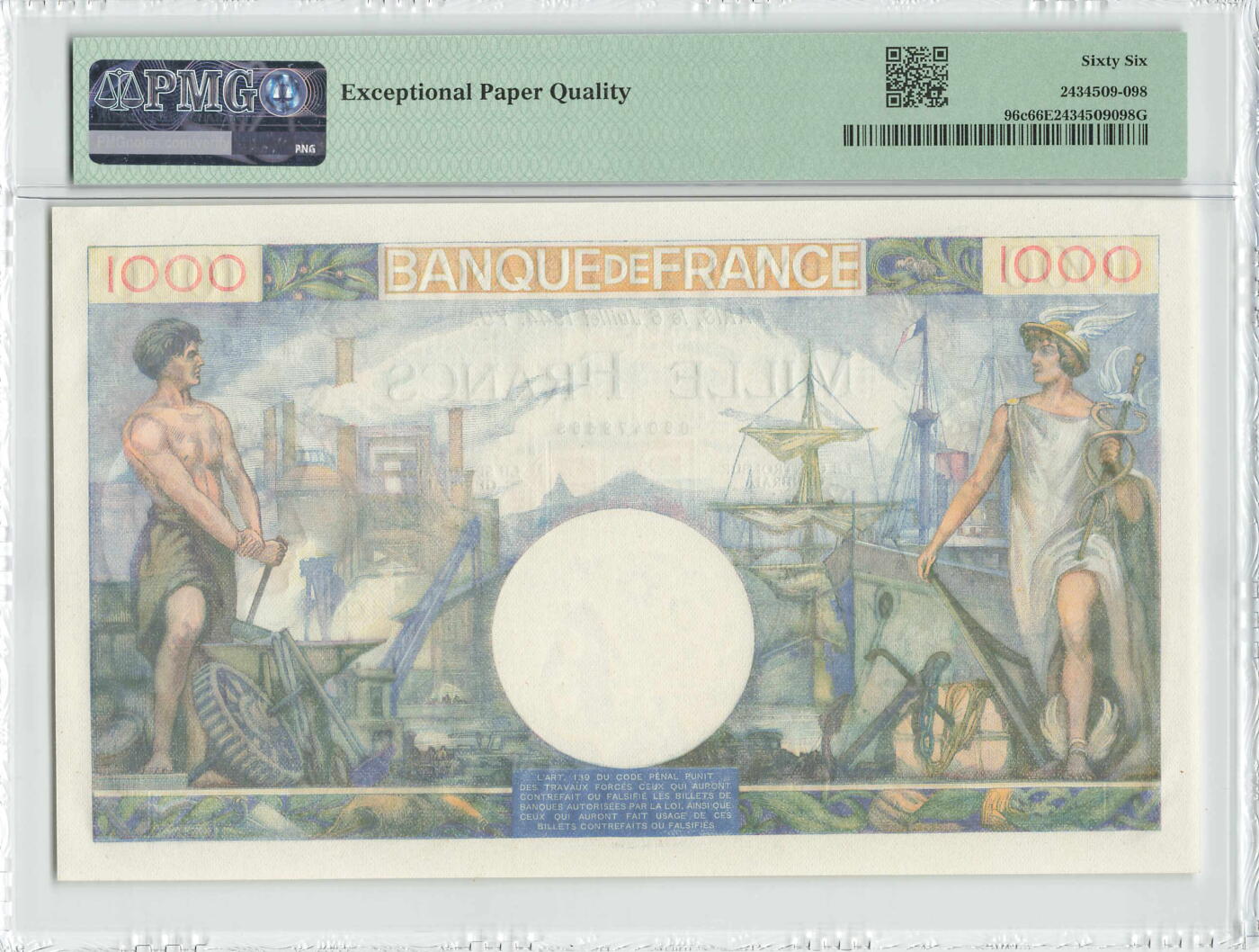 小福收藏拍卖第198期 评级币精选场  本期有菲律宾百位靓号100000比索超大纪念钞 苏里南25000盾花鸟版最高值 柬埔寨珍品56年50瑞尔 南越未发行版最高值打飞机  巴哈马彩背 老挝中国代印57年样钞 匈牙利 斯洛伐克 法罗群岛等多国精美高分珍稀老钞精品纸币 法国 1944年 1000法郎 精美大票 无47 尾8 PMG66 EPQ 亚军分