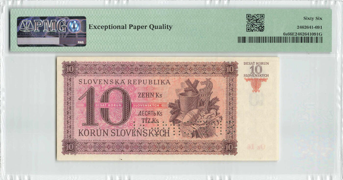 小福收藏拍卖第198期 评级币精选场  本期有菲律宾百位靓号100000比索超大纪念钞 苏里南25000盾花鸟版最高值 柬埔寨珍品56年50瑞尔 南越未发行版最高值打飞机  巴哈马彩背 老挝中国代印57年样钞 匈牙利 斯洛伐克 法罗群岛等多国精美高分珍稀老钞精品纸币 斯洛伐克 1943年 10克朗 样钞 少见 PMG66 EPQ 亚军分（冠军分仅1枚）