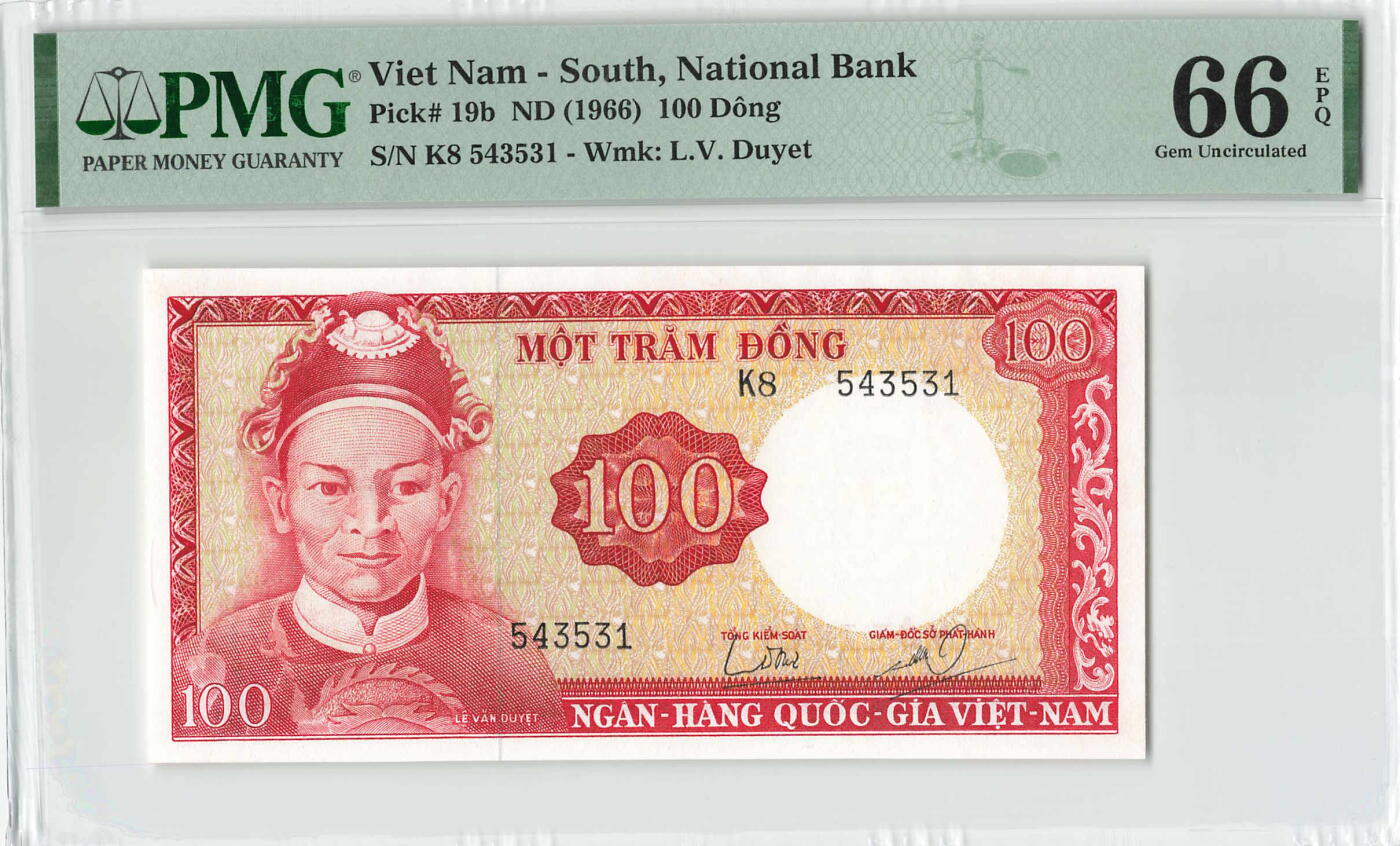 小福收藏拍卖第198期 评级币精选场  本期有菲律宾百位靓号100000比索超大纪念钞 苏里南25000盾花鸟版最高值 柬埔寨珍品56年50瑞尔 南越未发行版最高值打飞机  巴哈马彩背 老挝中国代印57年样钞 匈牙利 斯洛伐克 法罗群岛等多国精美高分珍稀老钞精品纸币 南越 1966年 100盾 人像水印版 PMG66 EPQ 亚军分