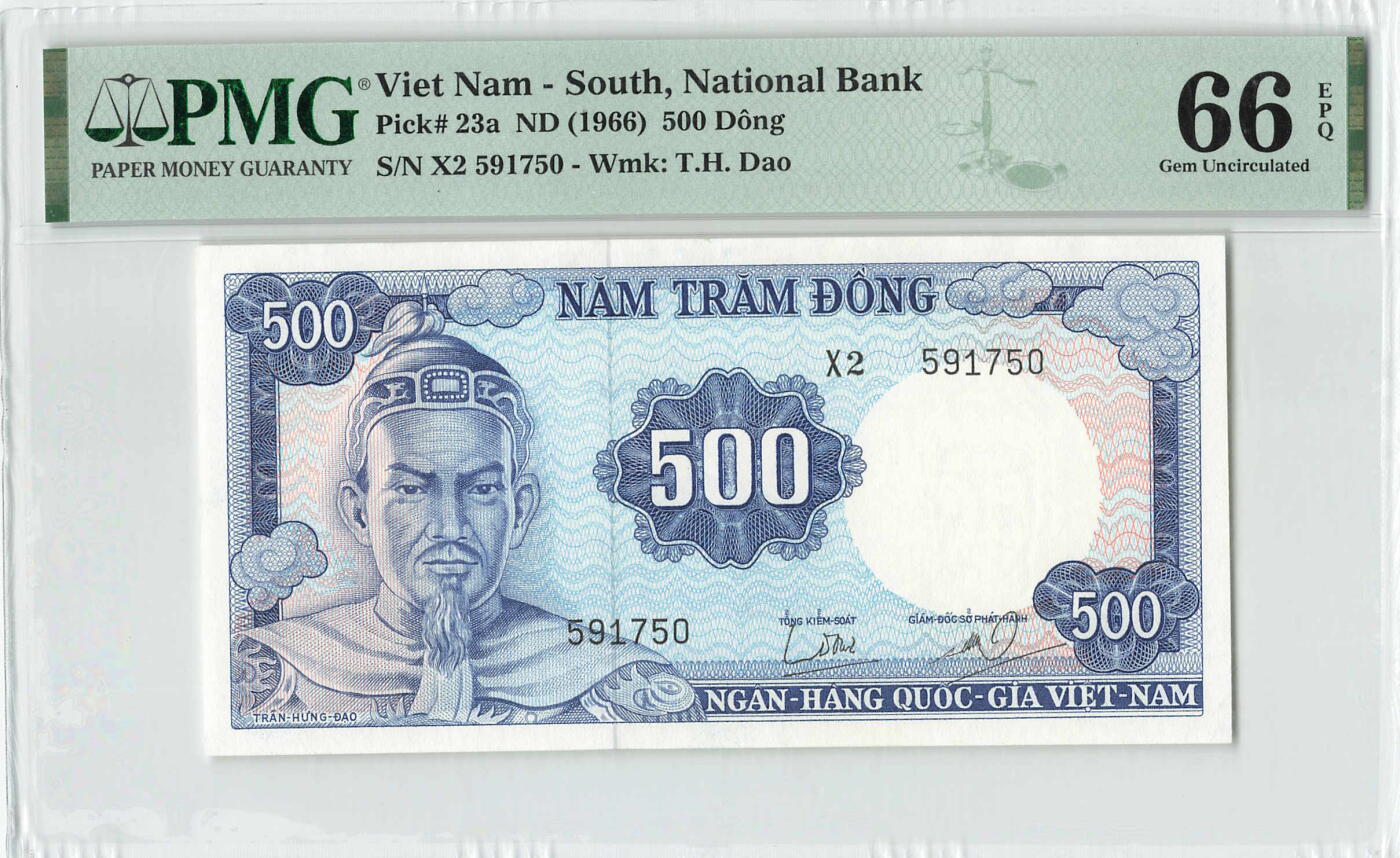 小福收藏拍卖第198期 评级币精选场  本期有菲律宾百位靓号100000比索超大纪念钞 苏里南25000盾花鸟版最高值 柬埔寨珍品56年50瑞尔 南越未发行版最高值打飞机  巴哈马彩背 老挝中国代印57年样钞 匈牙利 斯洛伐克 法罗群岛等多国精美高分珍稀老钞精品纸币 南越 1966年 500盾 该版最高值 PMG66 EPQ 季军分