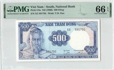 小福收藏拍卖第198期 评级币精选场  本期有菲律宾百位靓号100000比索超大纪念钞 苏里南25000盾花鸟版最高值 柬埔寨珍品56年50瑞尔 南越未发行版最高值打飞机  巴哈马彩背 老挝中国代印57年样钞 匈牙利 斯洛伐克 法罗群岛等多国精美高分珍稀老钞精品纸币 - 南越 1966年 500盾 该版最高值 PMG66 EPQ 季军分