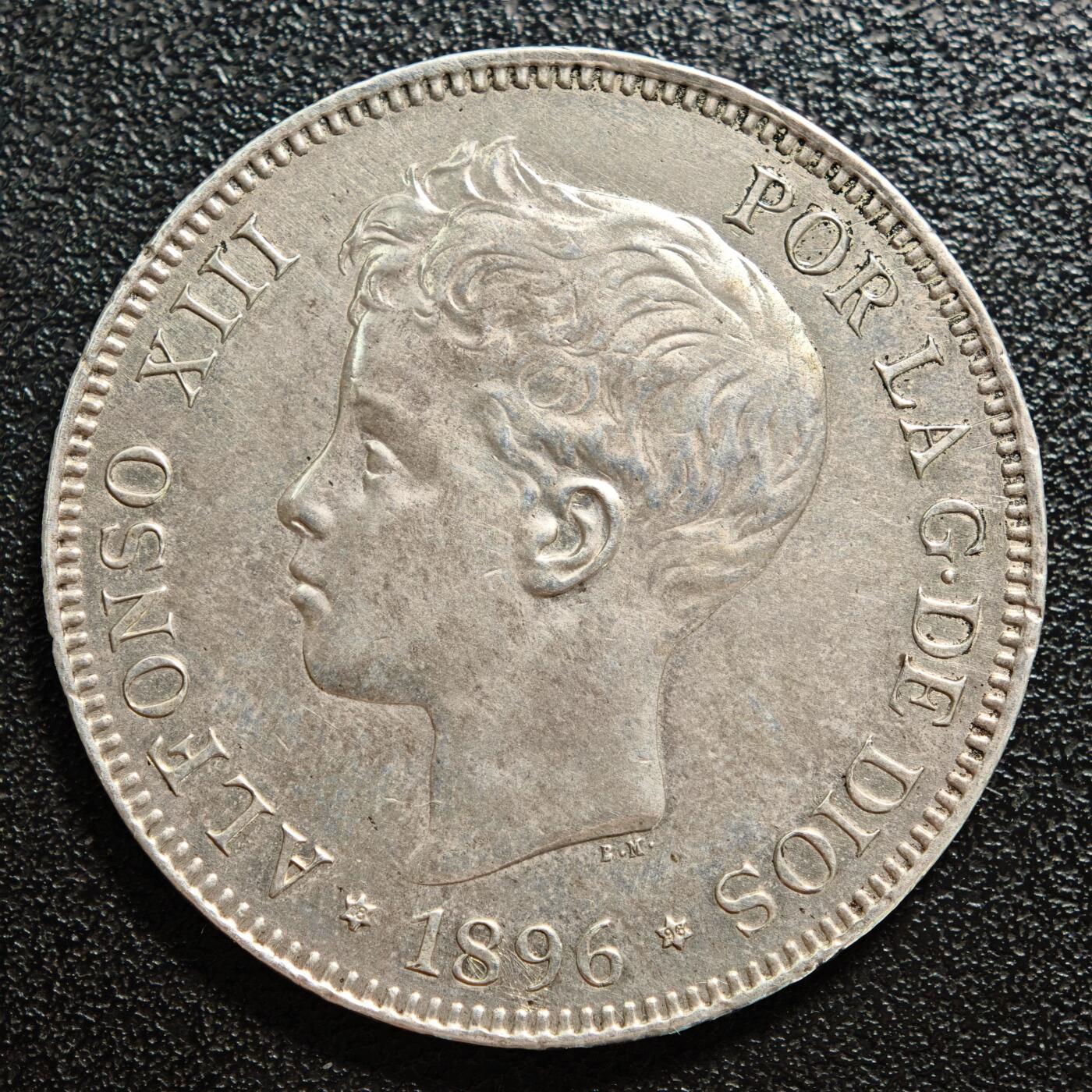 【德藏】世界币章拍卖第159期(元旦专场拍卖) 1896年 西班牙阿方索十三世5比塞塔银币 原味好品相 直径约：37.4mm；重约：24.8g