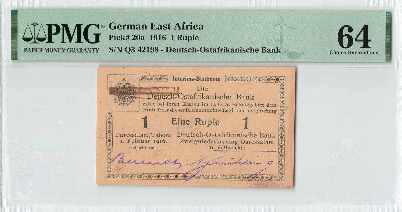 小福收藏拍卖第198期 评级币精选场  本期有菲律宾百位靓号100000比索超大纪念钞 苏里南25000盾花鸟版最高值 柬埔寨珍品56年50瑞尔 南越未发行版最高值打飞机  巴哈马彩背 老挝中国代印57年样钞 匈牙利 斯洛伐克 法罗群岛等多国精美高分珍稀老钞精品纸币 德属东非 1916年 1 Rupie 尾8 PMG64 季军分