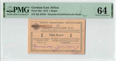 小福收藏拍卖第198期 评级币精选场  本期有菲律宾百位靓号100000比索超大纪念钞 苏里南25000盾花鸟版最高值 柬埔寨珍品56年50瑞尔 南越未发行版最高值打飞机  巴哈马彩背 老挝中国代印57年样钞 匈牙利 斯洛伐克 法罗群岛等多国精美高分珍稀老钞精品纸币 - 德属东非 1916年 1 Rupie 尾8 PMG64 季军分