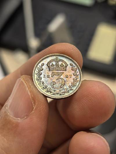 博洋堂世界钱币拍卖第154期（全场包邮） 英国1887年维多利亚3便士银币，UNC五彩