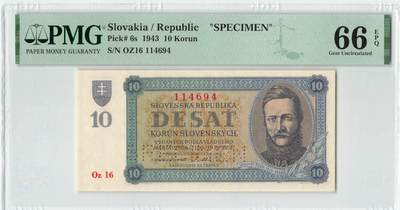 小福收藏拍卖第198期 评级币精选场  本期有菲律宾百位靓号100000比索超大纪念钞 苏里南25000盾花鸟版最高值 柬埔寨珍品56年50瑞尔 南越未发行版最高值打飞机  巴哈马彩背 老挝中国代印57年样钞 匈牙利 斯洛伐克 法罗群岛等多国精美高分珍稀老钞精品纸币 - 斯洛伐克 1943年 10克朗 样钞 少见 PMG66 EPQ 亚军分（冠军分仅1枚）