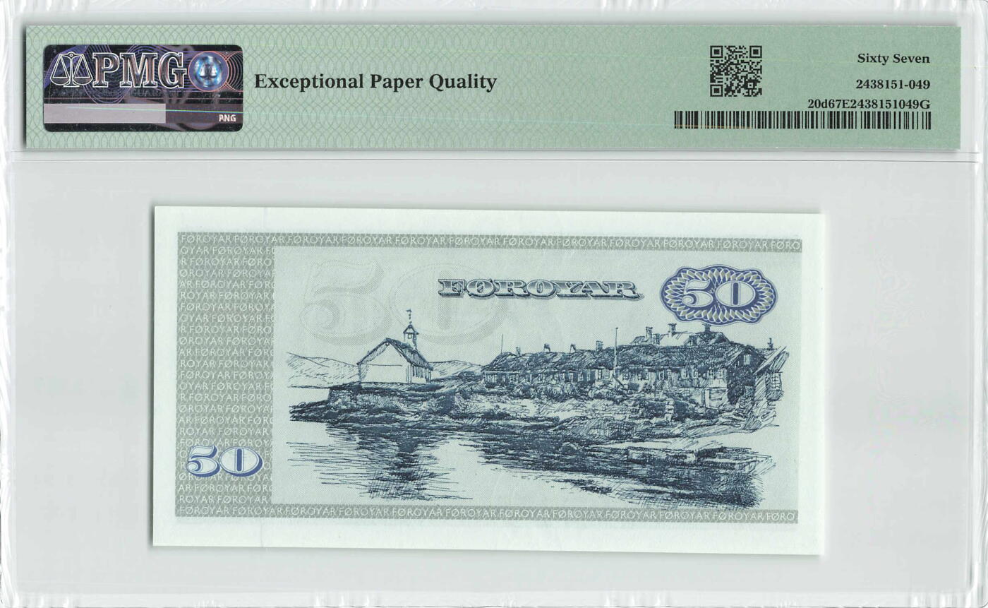 小福收藏拍卖第198期 评级币精选场  本期有菲律宾百位靓号100000比索超大纪念钞 苏里南25000盾花鸟版最高值 柬埔寨珍品56年50瑞尔 南越未发行版最高值打飞机  巴哈马彩背 老挝中国代印57年样钞 匈牙利 斯洛伐克 法罗群岛等多国精美高分珍稀老钞精品纸币 法罗群岛 1994年 50克朗 A0冠 PMG67 EPQ 亚军分（冠军分仅2枚）