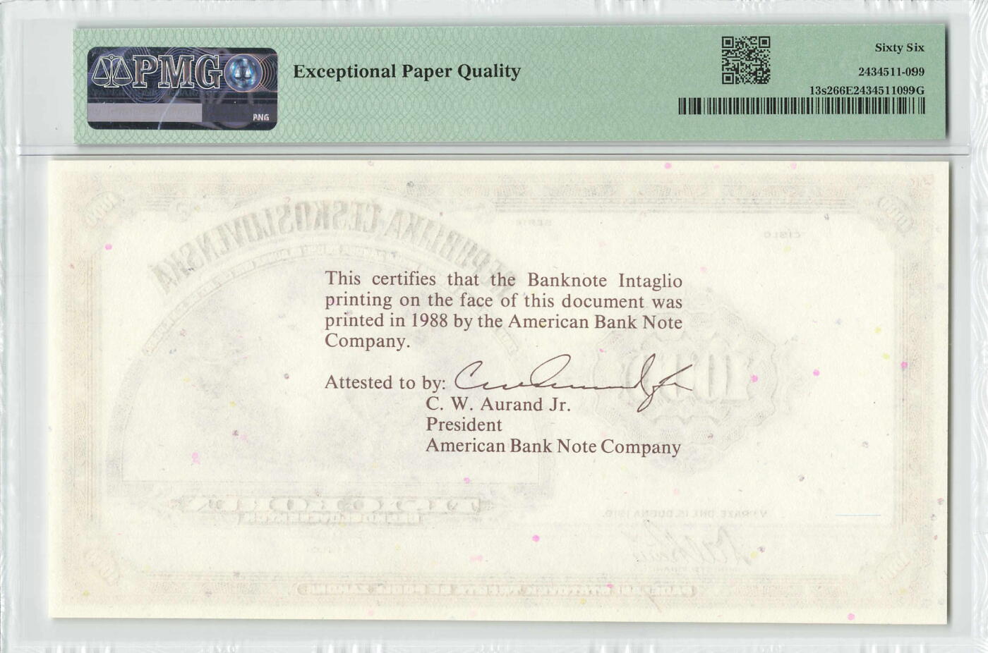 小福收藏拍卖第200期 【庆典场 中拍就有好礼相赠】评级币精选场 本期有捷克斯洛伐克20年100克朗慕夏作品大珍 69分倒置百位号布隆迪世界最大纸币  35年版加拿大经典 苏格兰格拉斯哥大学500年纪念钞倒置小号 卡塔尔80年100里亚尔冠军分 美国教育券 意大利拉斐尔 乌克兰 库克群岛 墨西哥 南斯拉夫 亚美尼亚等多国精美高分珍稀老钞精品纸币 捷克斯洛伐克 1988年 1000克朗 档案系列重印 少见 美国银行纸币公司印刷 PMG66 EPQ 亚军分