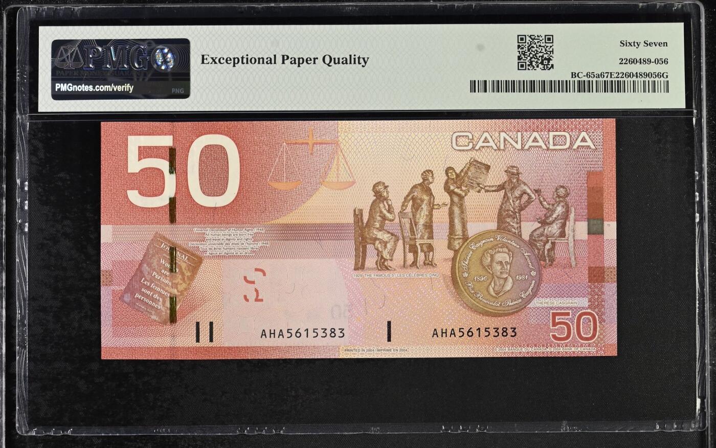 🐍甜小邱世界纸币收藏🐍第138期精品场💐 AHA首发冠无47靓号 PMG67 加拿大 50元 经典旅行版 2004