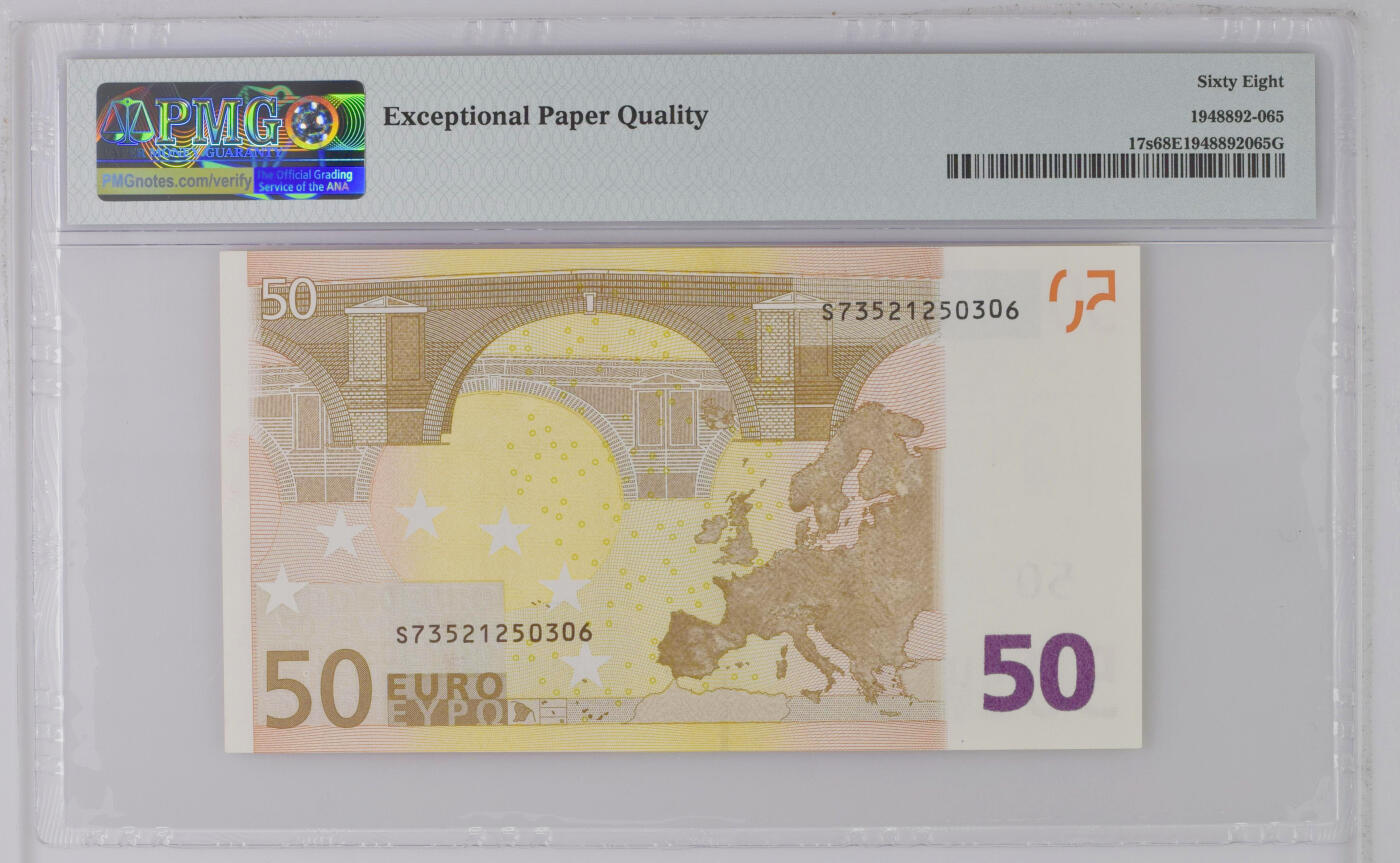 《艾美收藏》第226期-12.28周日外币精品场-蛇年收官 欧盟2002年三签意大利版50欧元PMG68E唯四冠军分 长号段无4难得