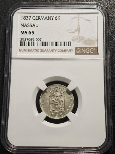 【德藏】世界币章拍卖第159期(元旦专场拍卖) - 1837年 德国拿骚公国6克罗伊泽银币 NGC MS65 图案清晰 状态极佳