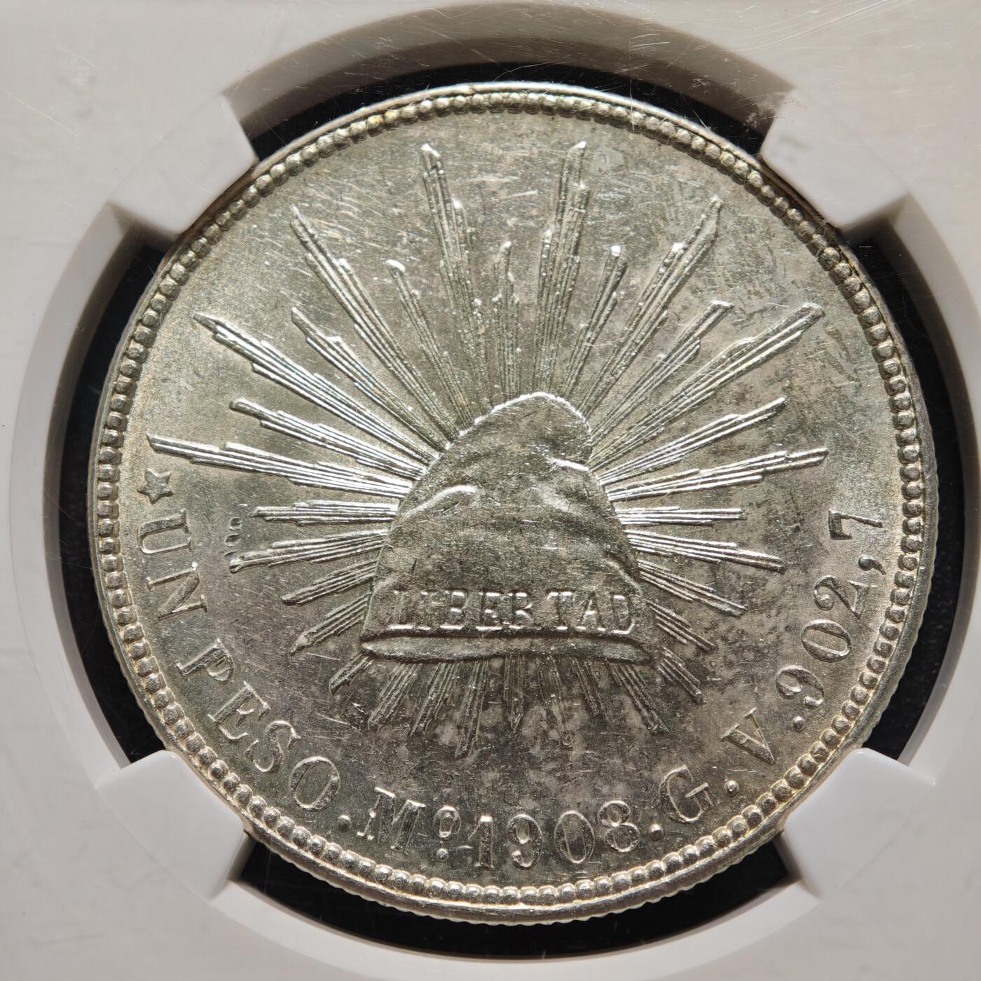 【德藏】世界币章拍卖第159期(元旦专场拍卖) 1908年 墨西哥直边鹰洋1比索银币 NGC MS61 原光十足