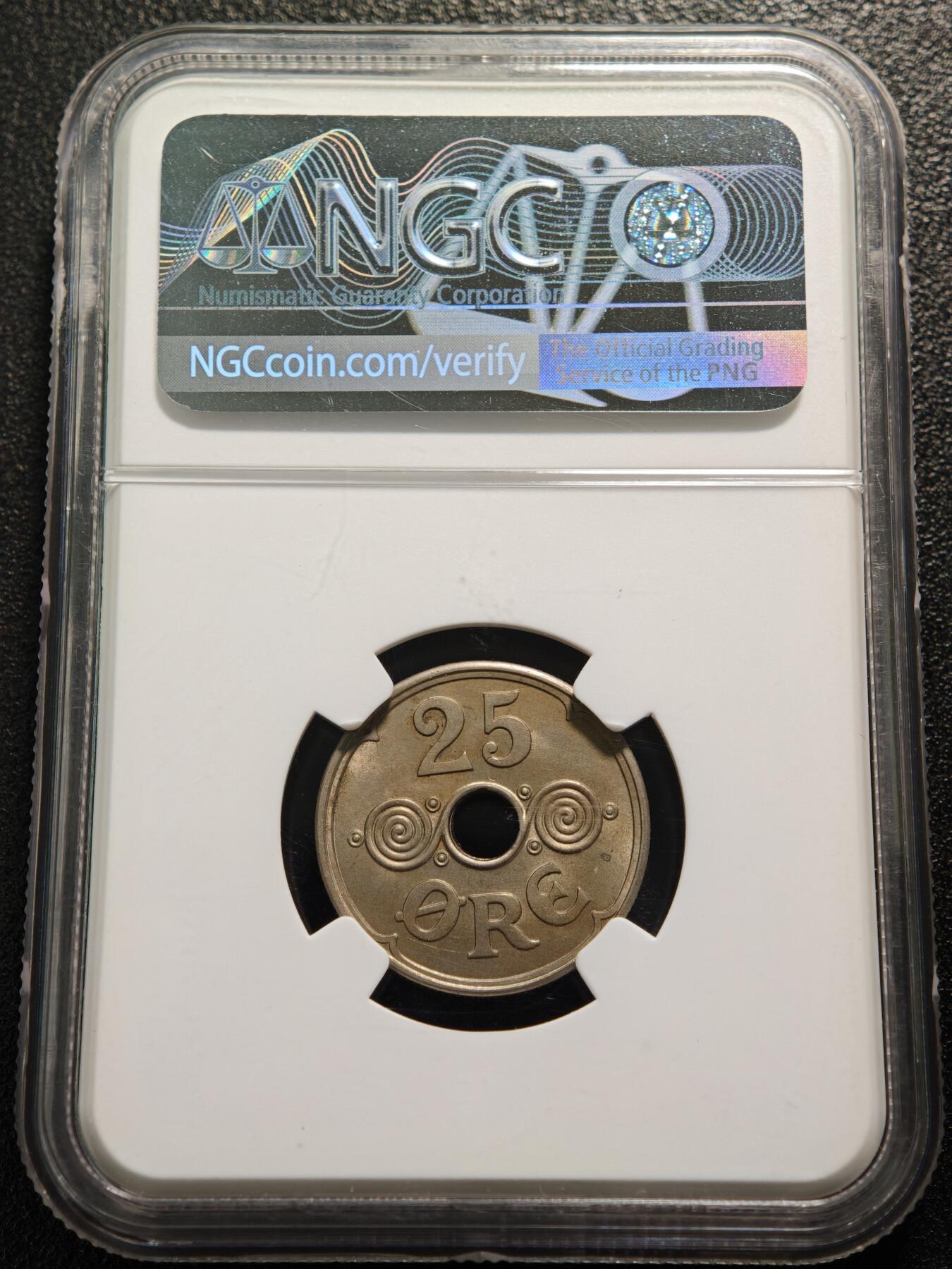 【德藏】世界币章拍卖第159期(元旦专场拍卖) 1941年 丹麦25欧尔镍币 NGC MS63 淡黄油包浆