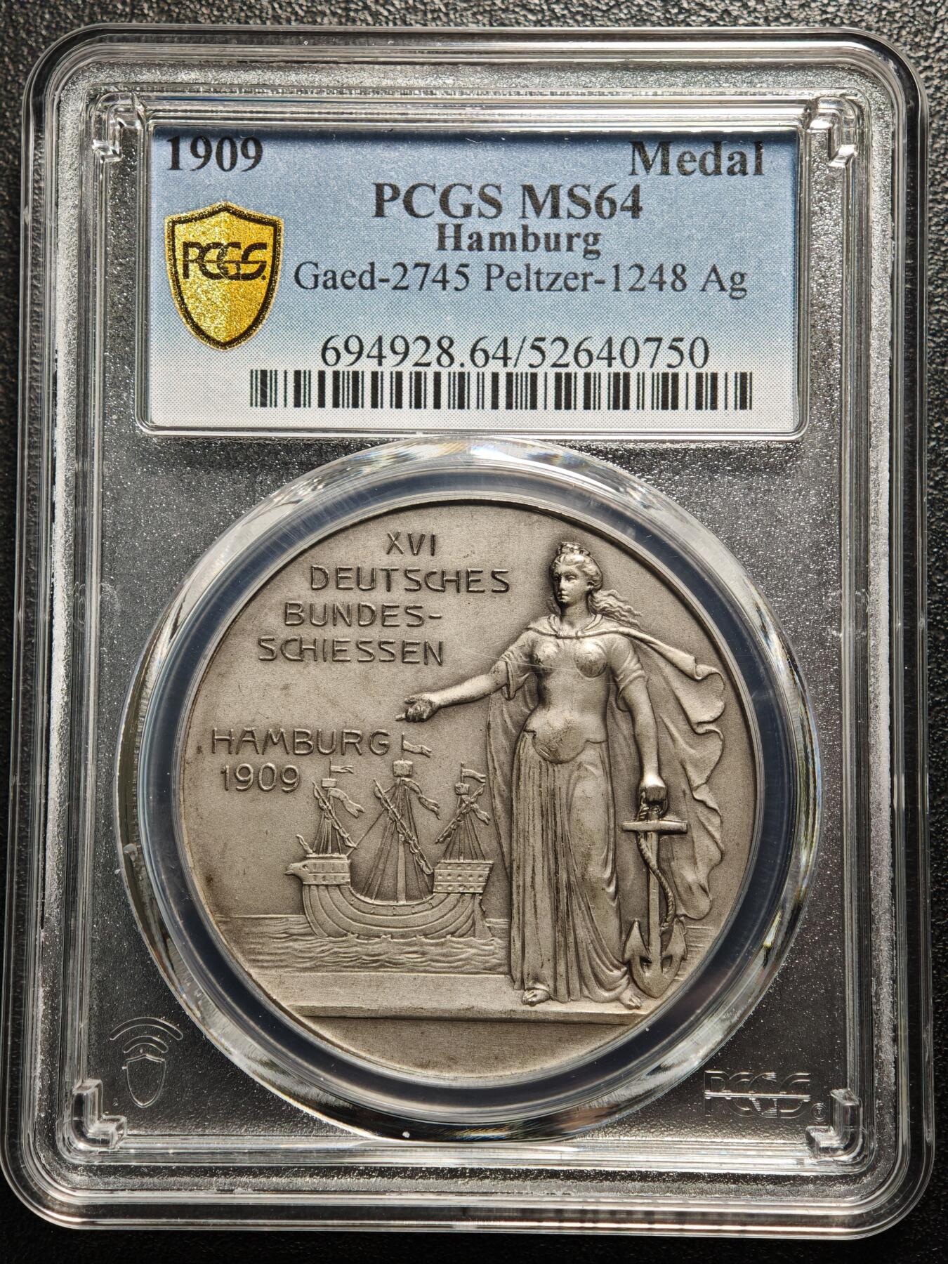 【德藏】世界币章拍卖第159期(元旦专场拍卖) 1909年 德国汉堡射击节纪念银章 PCGS MS64  细节极其丰富