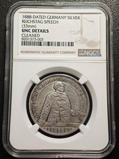 【德藏】世界币章拍卖第159期(元旦专场拍卖) - 1888年 德国铁血宰相俾斯麦国会演讲纪念银章 NGC UNC 浮雕感强