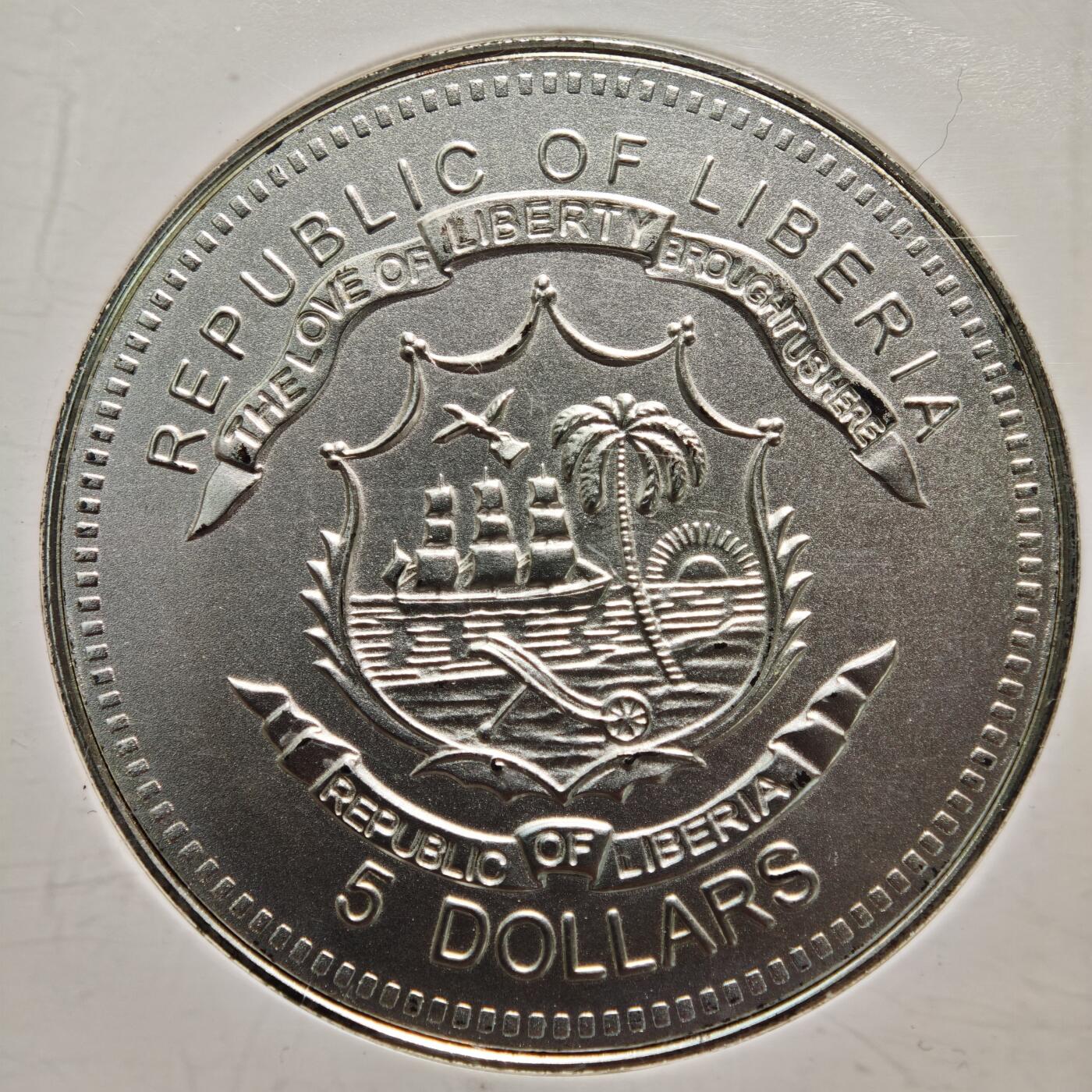 【德藏】世界币章拍卖第159期(元旦专场拍卖) 2007年 利比里亚肯尼迪5元彩色镀银纪念币 (看正面币内有按钮及发声单元)