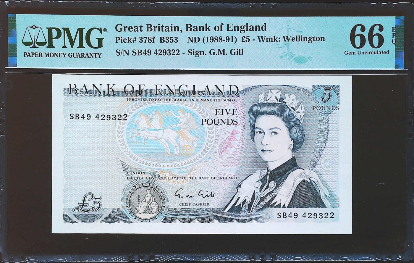 世界靓号纸钞第七十九期 1988-91年英国英格兰银行5镑 D序列 PMG66