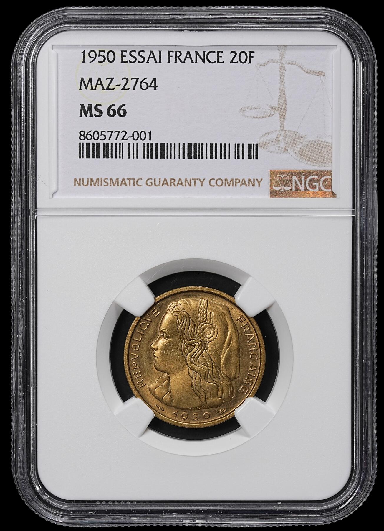 修遠堂世界钱币第九十九期 NGC MS66 1950年法国20法郎样币 ESSAI