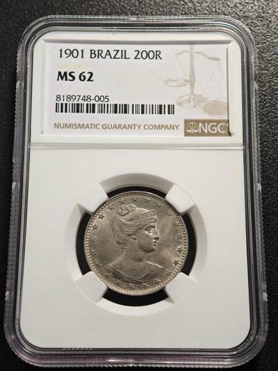 【德藏】世界币章拍卖第159期(元旦专场拍卖) - 1901年 巴西200瑞斯镍币 NGC MS62 状态极佳