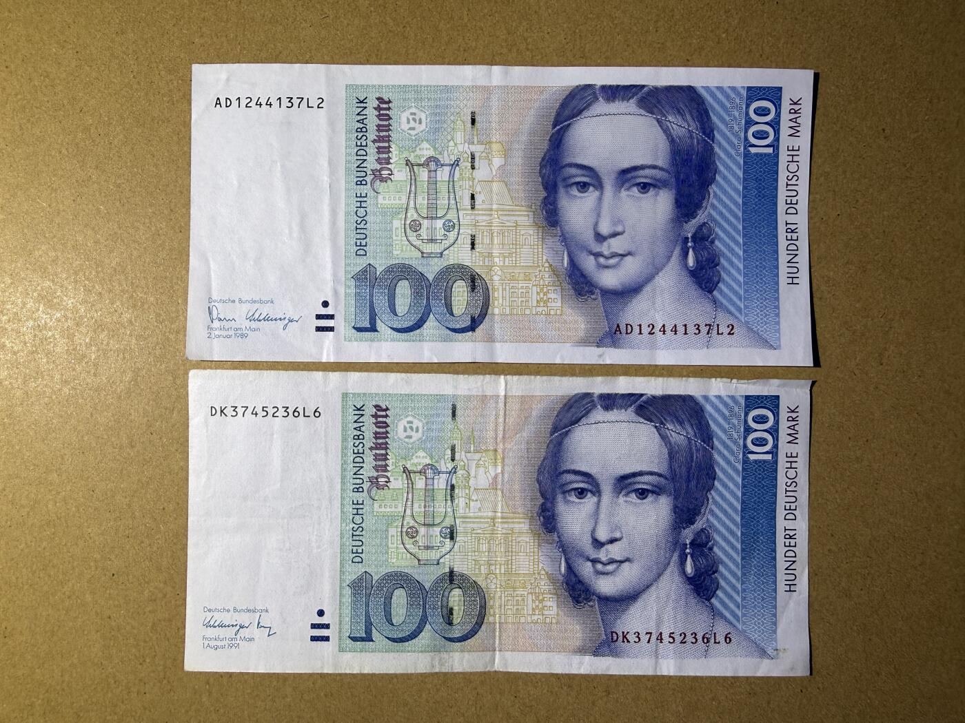 《艾美收藏》第226期-12.28周日外币精品场-蛇年收官 德国100马克2张 1989年、1991年各1张 克拉拉 流通品相