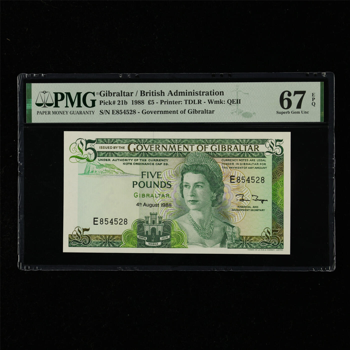 【亘邦集藏】第218期拍卖 1988年 直布罗陀5镑 PMG 67EPQ E854528