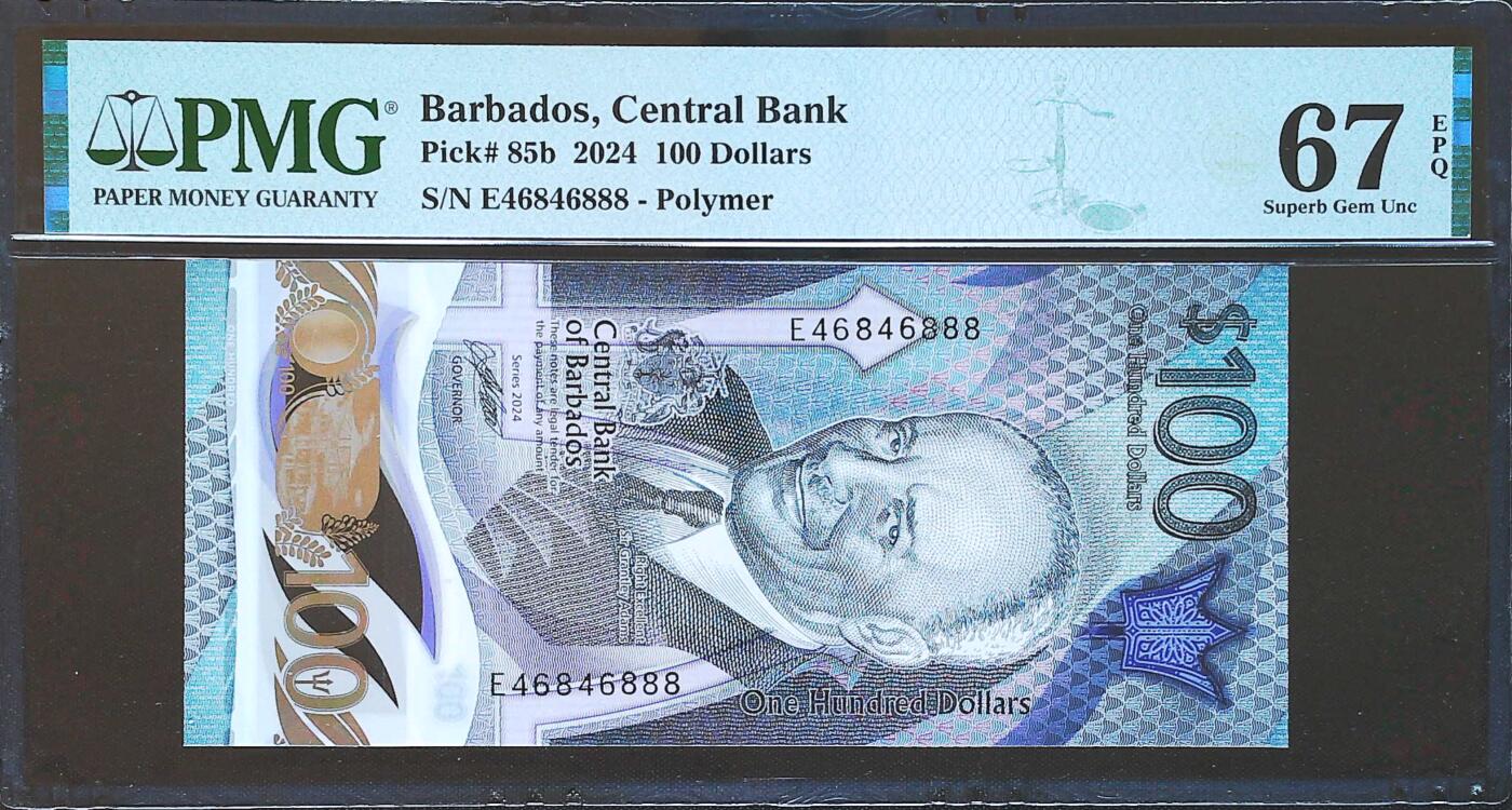 世界靓号纸钞第七十九期 2024年巴巴多斯100元 最大面值 全偶数 豹子号888 PMG67