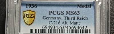 【德藏】世界币章拍卖第159期(元旦专场拍卖) - 1936年 德国民族社会主义工人党党首胸章铝章 PCGS MS63 浮雕感极强（原图请查询PCGS评级官网）