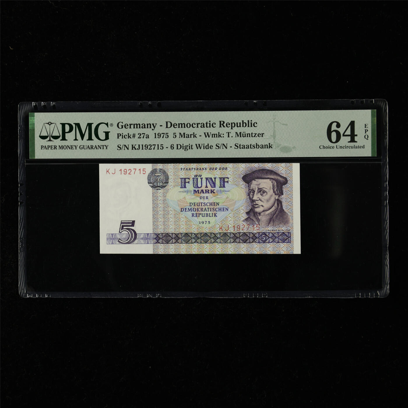 【亘邦集藏】第218期拍卖 1975年 德国5马克 PMG 64EPQ KJ192715