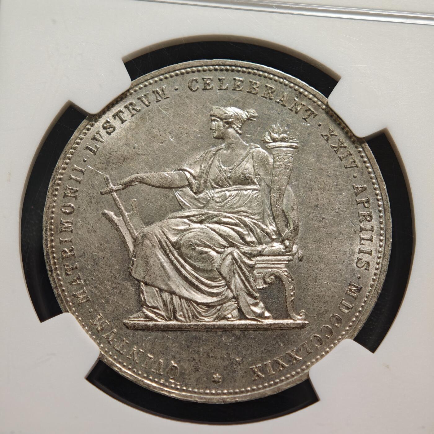 【德藏】世界币章拍卖第159期(元旦专场拍卖) 1879年 奥匈帝国弗朗茨·约瑟夫一世与伊丽莎白皇后银婚纪念5弗罗林银币  NGC MS62 原光俱在 状态极佳