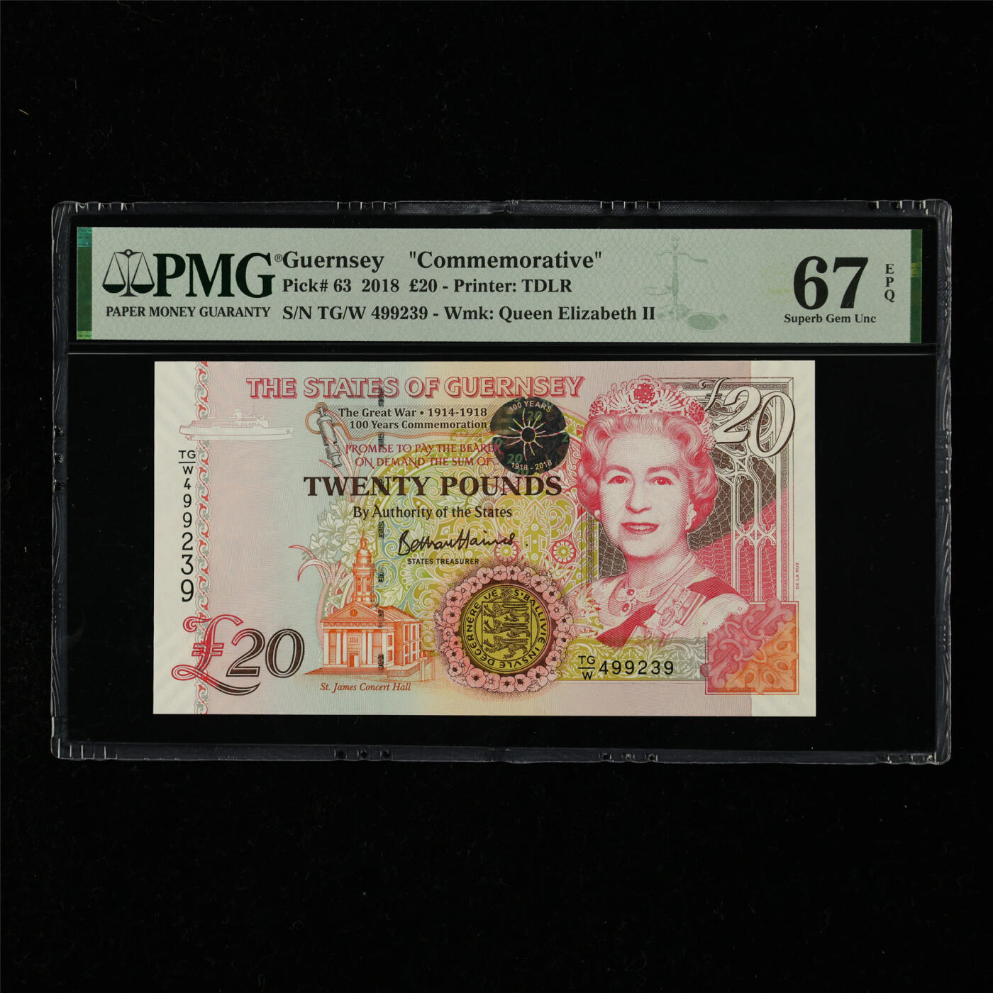 【亘邦集藏】第218期拍卖 2018年 根西岛纪念钞20镑 PMG 67EPQ TG/W 499239